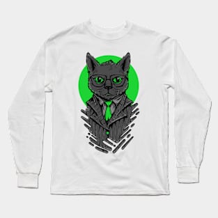 Cat Suit Serious Grey Green Long Sleeve T-Shirt